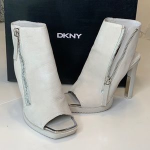 DKNY Suede Square Toe Zip Bootie Sandals